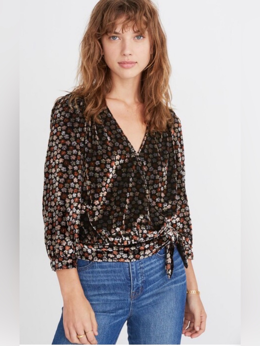 Madewell Velvet Wrap Top in Petite Blooms Size M
